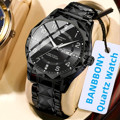 Banbony Men's Casual Stainless Steel Quartz Watch with Rhinestone Accents, Round Dial, Glow in Dark, Water-Resistant IPX7, Date Calendar Feature, Electronic Movement, Alloy Strap - Multifunctional Fashion Watch for Daily, Tra