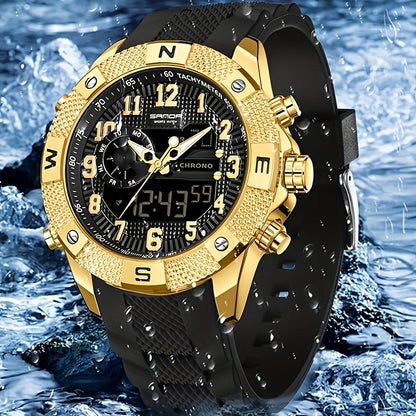 SANDA Men's Sports Watch, Analog Digital LED Electronic Quartz Men's Watch, Waterproof Alarm Stopwatch Countdown Week Multi-function Wristwatch Men's Birthday Holiday Gift 3308