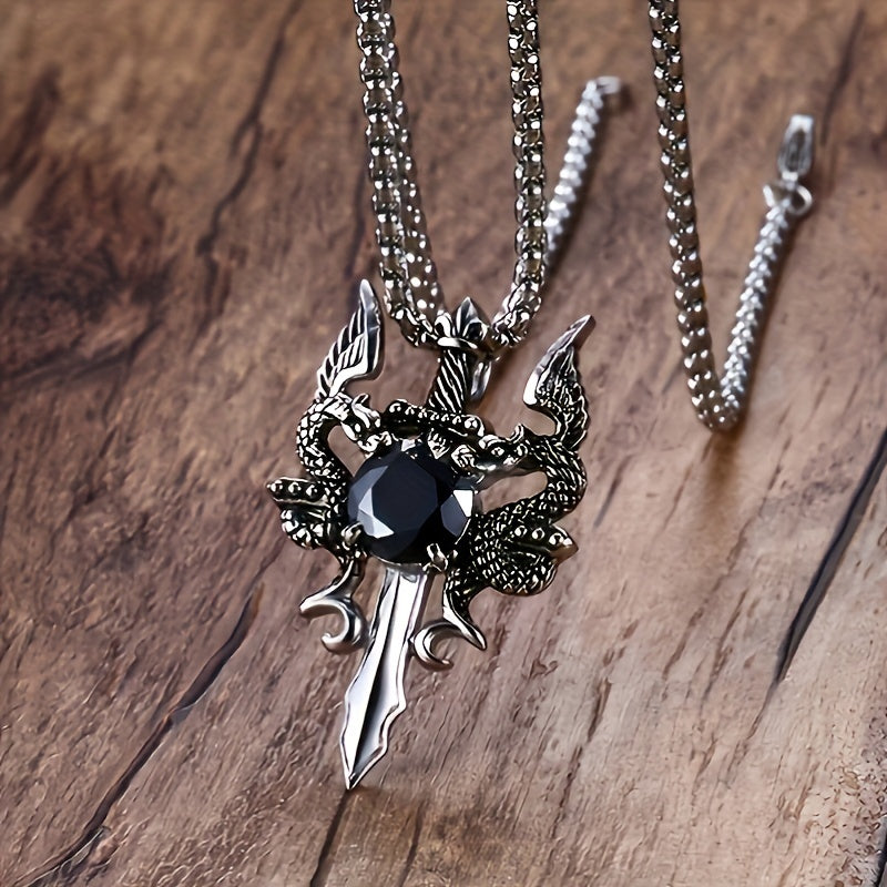 Gothic Knight Double Dragon Cross Sword Pendant Necklace - Vintage Punk Rock Style, Alloy with Black & Red Synthetic Gemstonestone Accents, Ideal for Couples, Parties & Gifts, Festive Jewelry|Punk Rock Jewelry|Intricate Craft