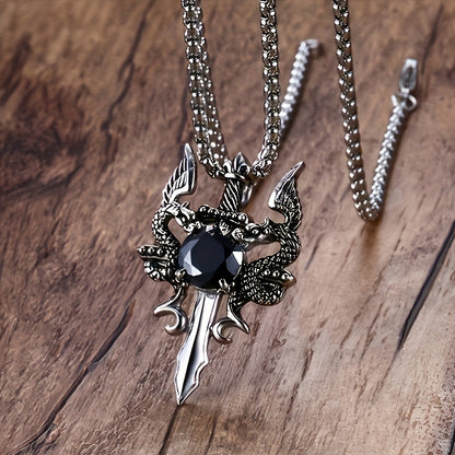 Gothic Knight Double Dragon Cross Sword Pendant Necklace - Vintage Punk Rock Style, Alloy with Black & Red Synthetic Gemstonestone Accents, Ideal for Couples, Parties & Gifts, Festive Jewelry|Punk Rock Jewelry|Intricate Craft
