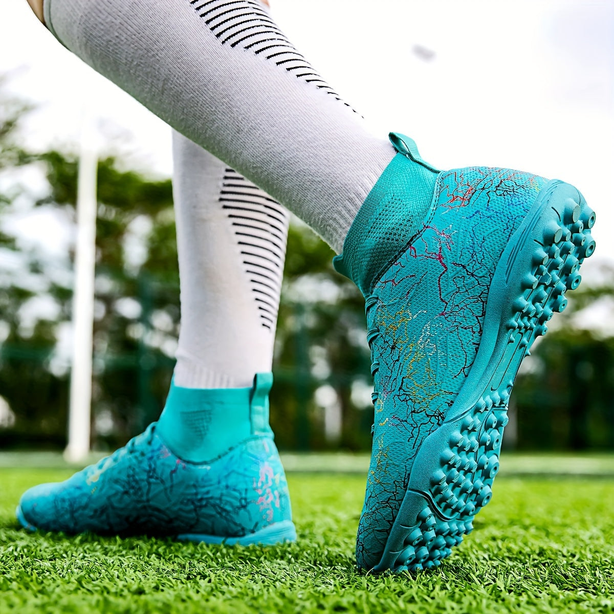 Men's Trendy Color Intrigue Striped TF Football Shoes With Collar, Professional Non Slip Durable Soccer Shoes For Outdoor Training Competition, All Seasons