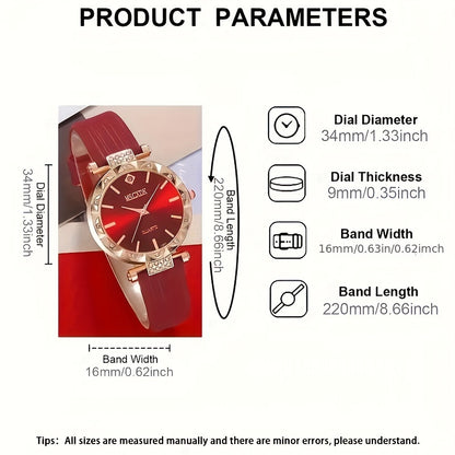 Fashionable 5-Piece Ladies Quartz Wrist Watch Set with Heart Jewelry - Round Red Dial PU Leather Band Zinc Alloy Case Non- Analog Watches with Matching Necklace, Ring, and Earrings