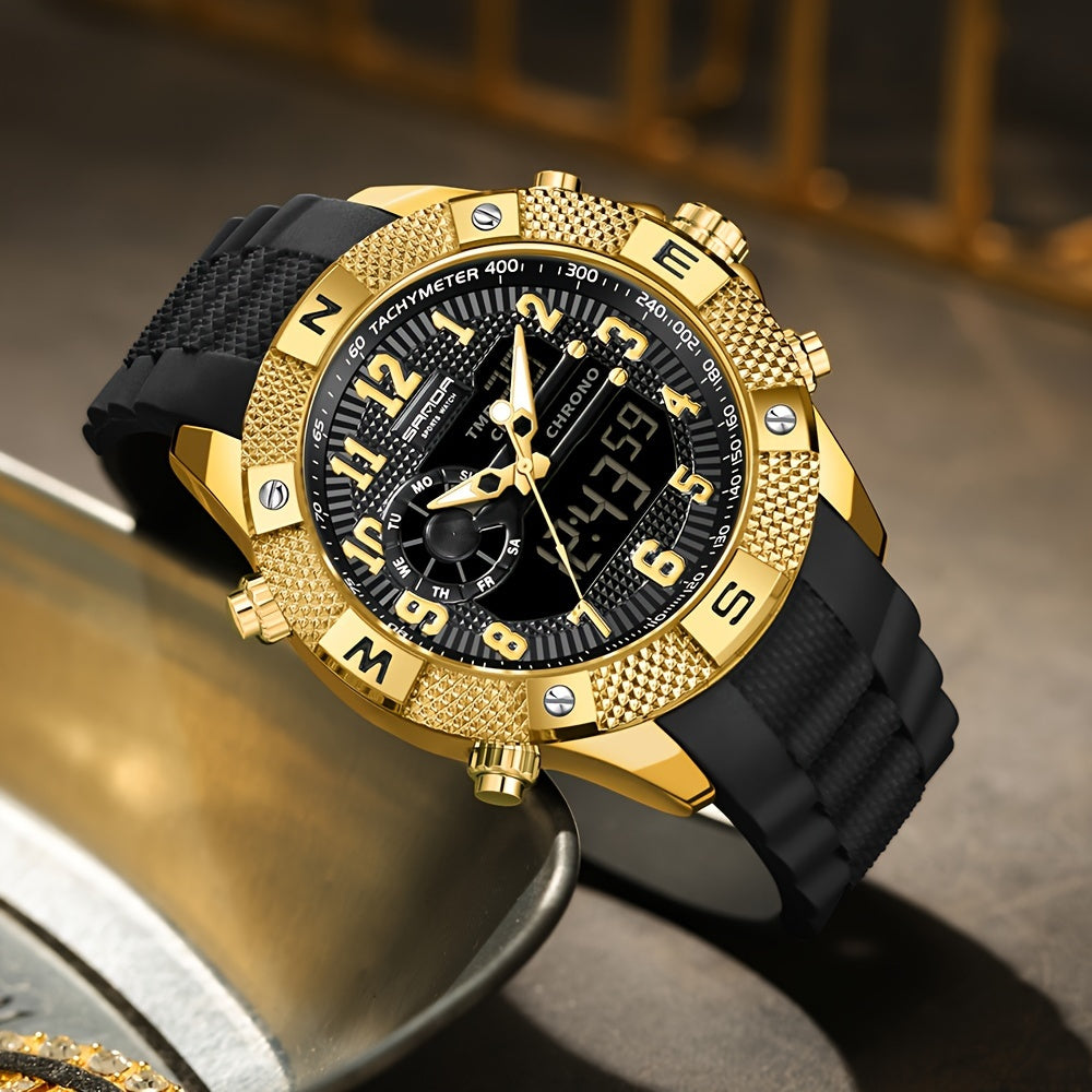 SANDA Men's Sports Watch, Analog Digital LED Electronic Quartz Men's Watch, Waterproof Alarm Stopwatch Countdown Week Multi-function Wristwatch Men's Birthday Holiday Gift 3308