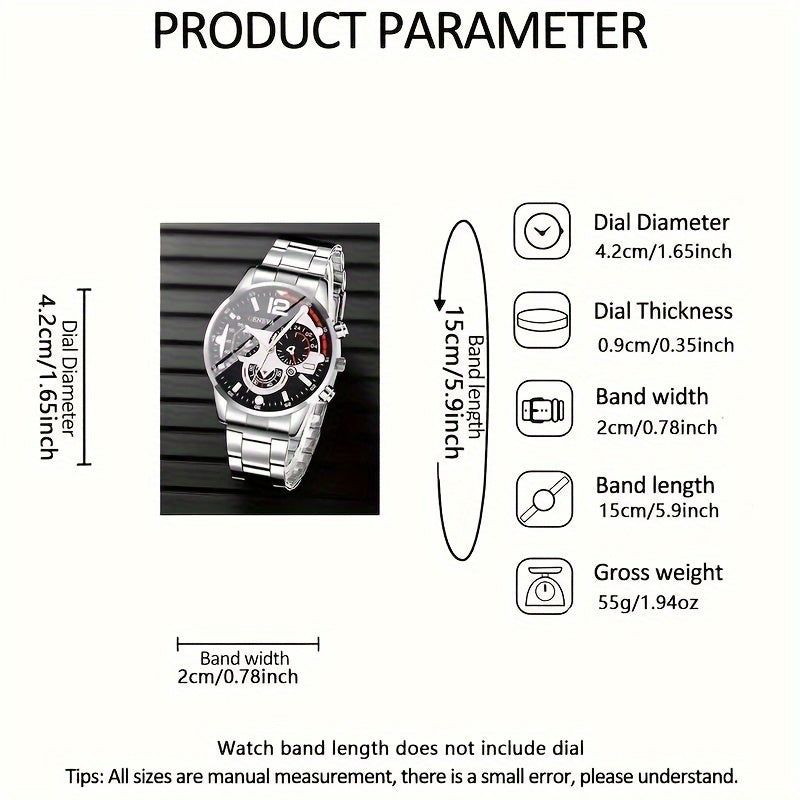 2pcs/set Luxury Men's Business Sports Watch - Date Display, Quartz Movement, Stainless Steel Band, Water Resistant, Elegant Analog Dial, Perfect Valentines Ramadan Gift for Him, Ideal for Formal and Casual Occasions