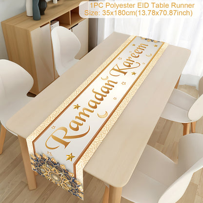 1pc, Ramadan Kareem Table Flag, Polyester Table Flag, 35x180CM, Suitable For Eid Table Decoration, Table Decor, Party Decor, Party Supplies, Holiday Decor, Holiday Supplies