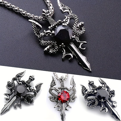 Gothic Knight Double Dragon Cross Sword Pendant Necklace - Vintage Punk Rock Style, Alloy with Black & Red Synthetic Gemstonestone Accents, Ideal for Couples, Parties & Gifts, Festive Jewelry|Punk Rock Jewelry|Intricate Craft