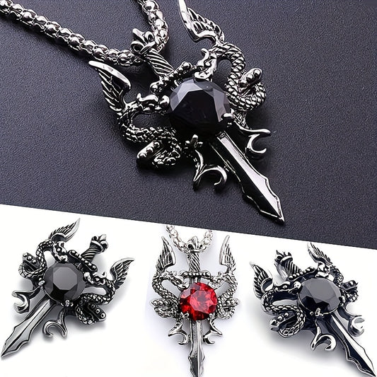 Gothic Knight Double Dragon Cross Sword Pendant Necklace - Vintage Punk Rock Style, Alloy with Black & Red Synthetic Gemstonestone Accents, Ideal for Couples, Parties & Gifts, Festive Jewelry|Punk Rock Jewelry|Intricate Craft