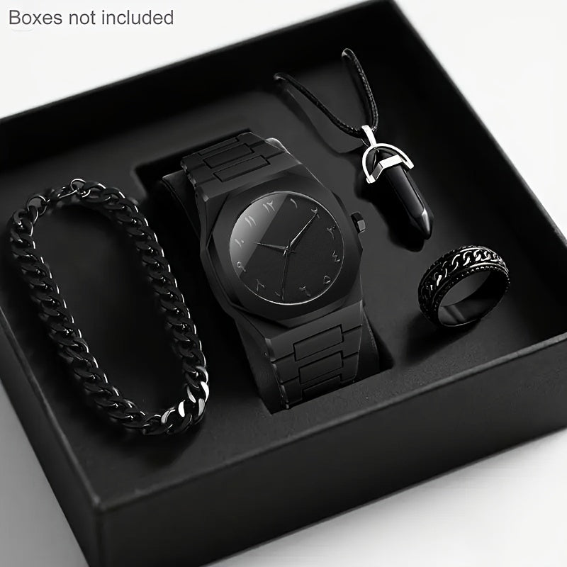 4pcs Men's Luxury Quartz Watch & Accessory Gift Set - Black Modern Polygonal Dial Analog Watch with Black Dial & White Hands, Black Strap, Matching Necklace & Ring - Battery-Powered Quartz Movement, Ideal Christmas/Birthday G