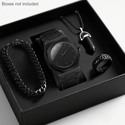 4pcs Men's Luxury Quartz Watch & Accessory Gift Set - Black Modern Polygonal Dial Analog Watch with Black Dial & White Hands, Black Strap, Matching Necklace & Ring - Battery-Powered Quartz Movement, Ideal Christmas/Birthday G
