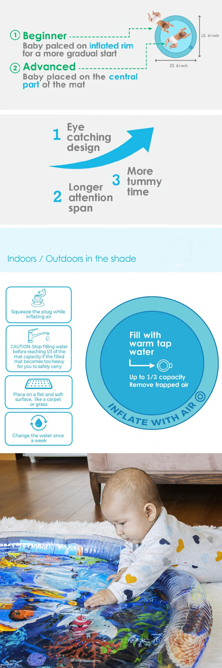 Baby Inflatable Water Mat, Water Play Mat, Baby Toys Activity Mat, Aquarium Mat, Promote Baby Motor And Sensory Development, Grow Through Play Sensory Stimulation Gifts For Infants Boys Girls, 65.02 cm, Christmas, Halloween,