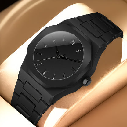 4pcs Men's Luxury Quartz Watch & Accessory Gift Set - Black Modern Polygonal Dial Analog Watch with Black Dial & White Hands, Black Strap, Matching Necklace & Ring - Battery-Powered Quartz Movement, Ideal Christmas/Birthday G