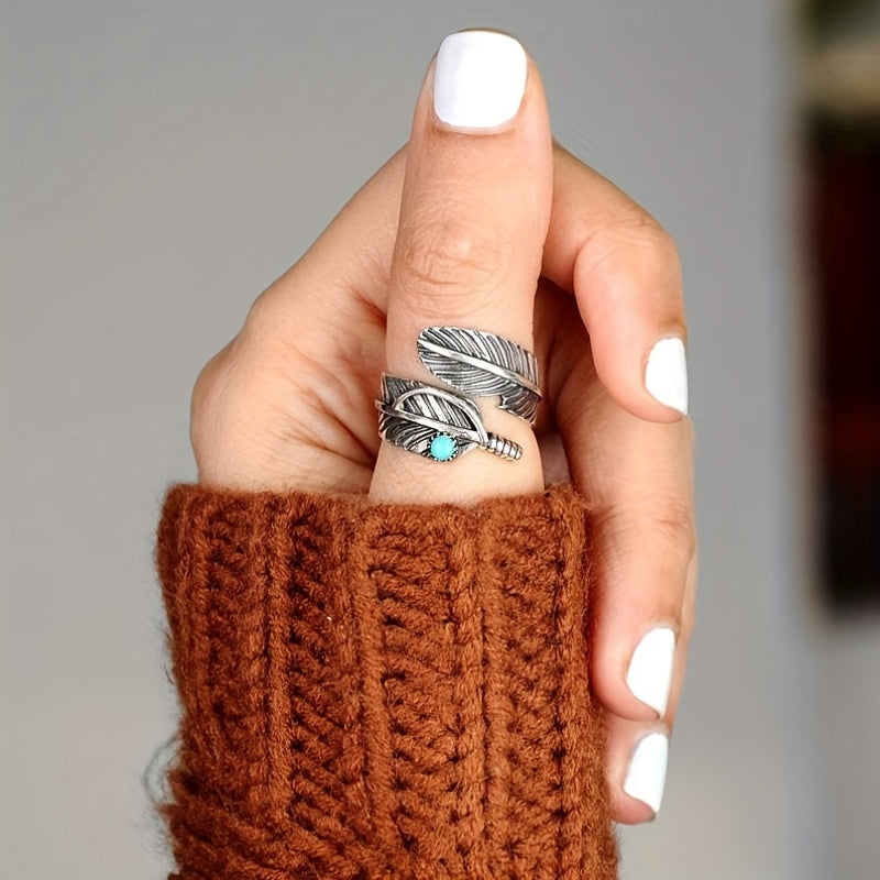 Vintage Feather Turquoise Open Ring Jewelry For Women
