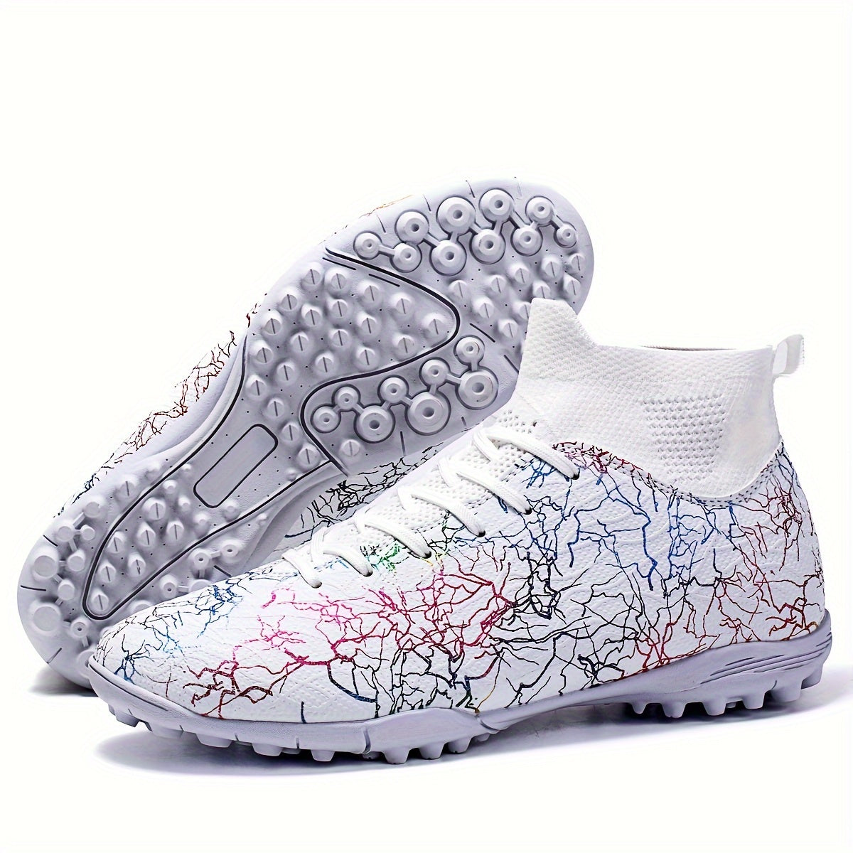 Men's Trendy Color Intrigue Striped TF Football Shoes With Collar, Professional Non Slip Durable Soccer Shoes For Outdoor Training Competition, All Seasons