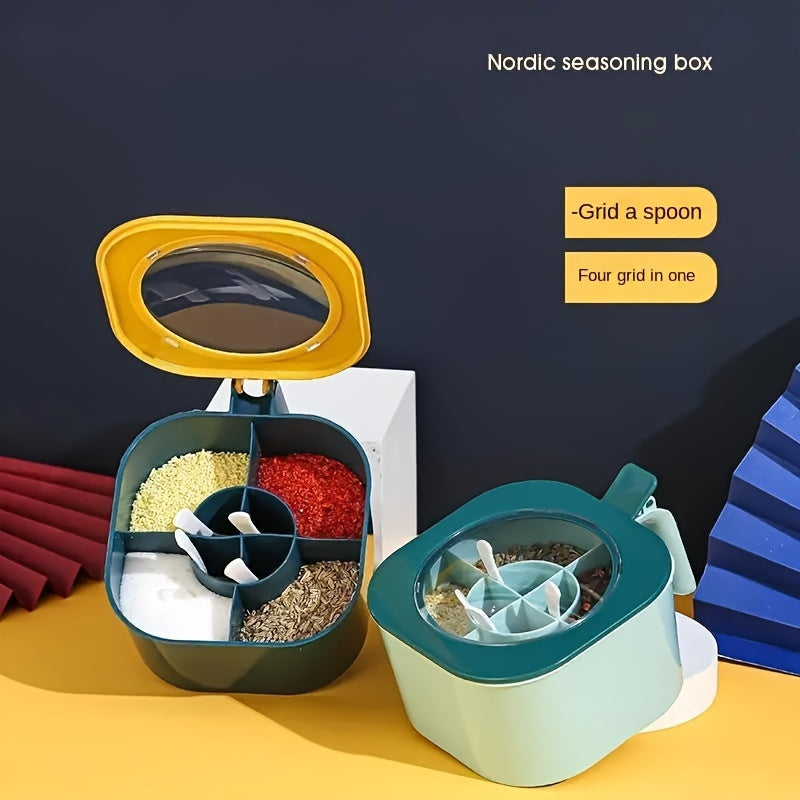 Four Compartments All-in-one Seasoning Box Kitchen Salt Seasoning Box Condiment Box Set Home With Spoon Spice Bottle Jar For Restaurant Eid Al-Adha Mubarak