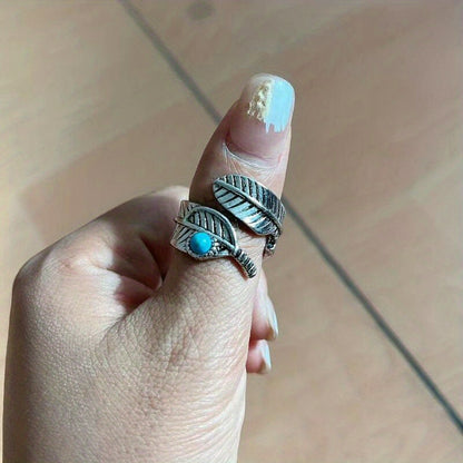 Vintage Feather Turquoise Open Ring Jewelry For Women