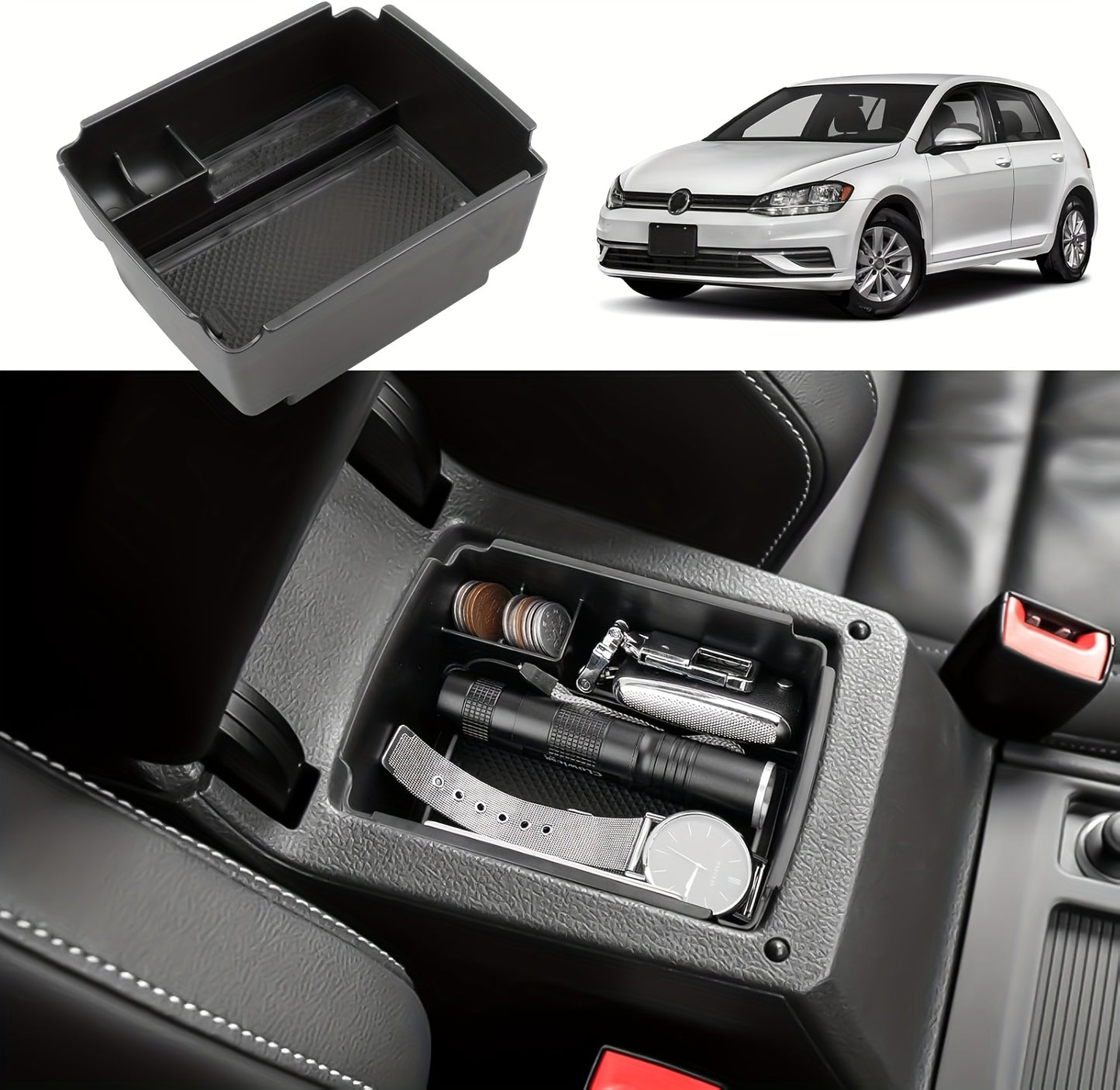For VW Golf 7/GM7 VII 5G GTI R Center Console Tray - Sleek Black ABS Storage Box with Cup Holder & Organizer for a Neat Car Interior, Custom Fit for Golfing Enthusiasts, Car Interior Accessories | Sleek ABS Tray | Durable ABS