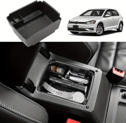 For VW Golf 7/GM7 VII 5G GTI R Center Console Tray - Sleek Black ABS Storage Box with Cup Holder & Organizer for a Neat Car Interior, Custom Fit for Golfing Enthusiasts, Car Interior Accessories | Sleek ABS Tray | Durable ABS