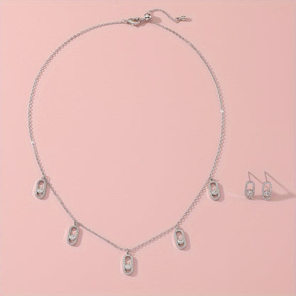 Elegant Women'S Jewelry Set - Golden-Plated Copper With Geometric Zircon Necklace & Earrings, Perfect For Everyday Wear Or Parties Earrings For Women Jewelry For Women