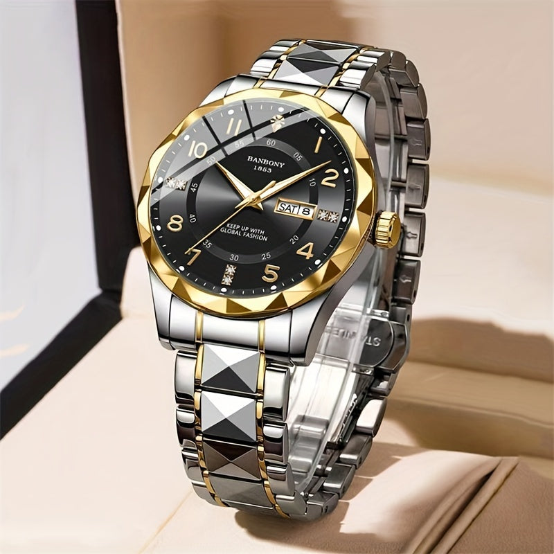 Banbony Men's Casual Stainless Steel Quartz Watch with Rhinestone Accents, Round Dial, Glow in Dark, Water-Resistant IPX7, Date Calendar Feature, Electronic Movement, Alloy Strap - Multifunctional Fashion Watch for Daily, Tra
