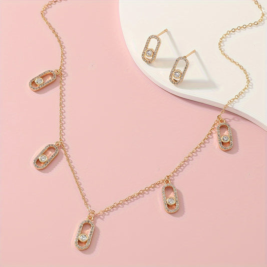 Elegant Women'S Jewelry Set - Golden-Plated Copper With Geometric Zircon Necklace & Earrings, Perfect For Everyday Wear Or Parties Earrings For Women Jewelry For Women