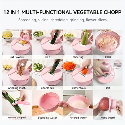 12-in-1 Vegetable Chopping Wizard - Effortless Manual Slicer, Shredder & Grater for Carrots, Potatoes, Radish - Durable Kitchen Tool for Home & Commercial Use