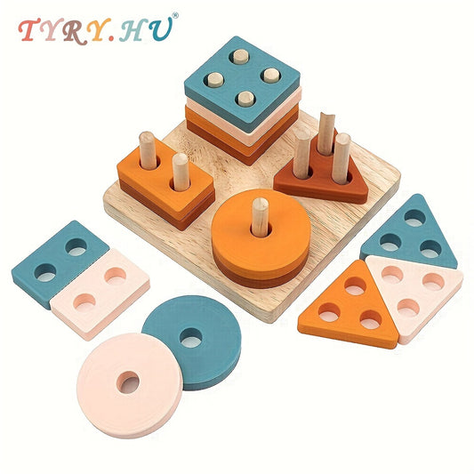 TYRY.HU Wooden Sorting & Stacking Toys For Toddlers, Preschool Educational Shape Color Recognition, Early Childhood Development Geometric Puzzle Toys For Toddler Boys Girls Travel Toy (4 Shapes) Christmas、Halloween、Thanks