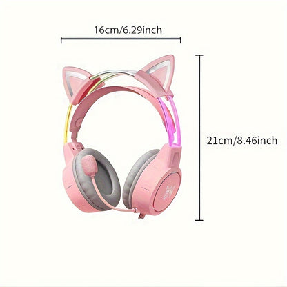 Gaming Headset RGB Lighting Head Beam Wired Headset Detachable Cat Ears Gaming Headset Flexible Mic Button Control Suitable Computer Earphones for PC Gamer