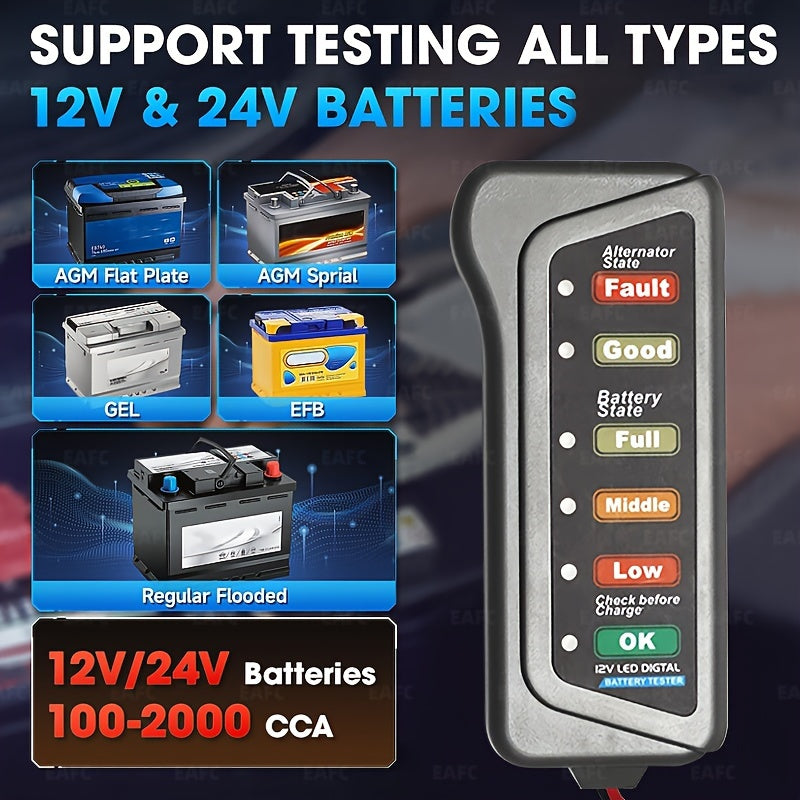 EAFC 12V Car Motorcycle Battery Tester Digital Alternator Tester 6 LED Lights Display Car Diagnostic Tool Auto Battery Tester Auto Repair