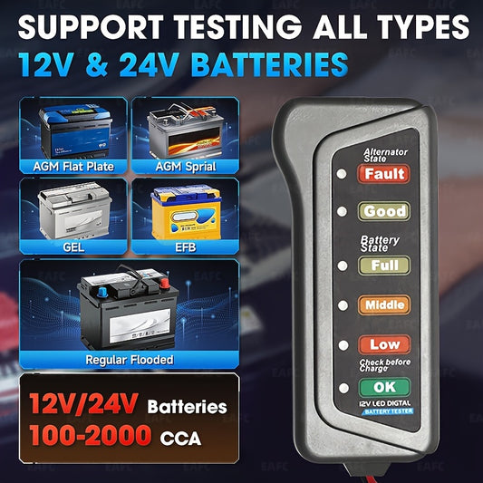 EAFC 12V Car Motorcycle Battery Tester Digital Alternator Tester 6 LED Lights Display Car Diagnostic Tool Auto Battery Tester Auto Repair