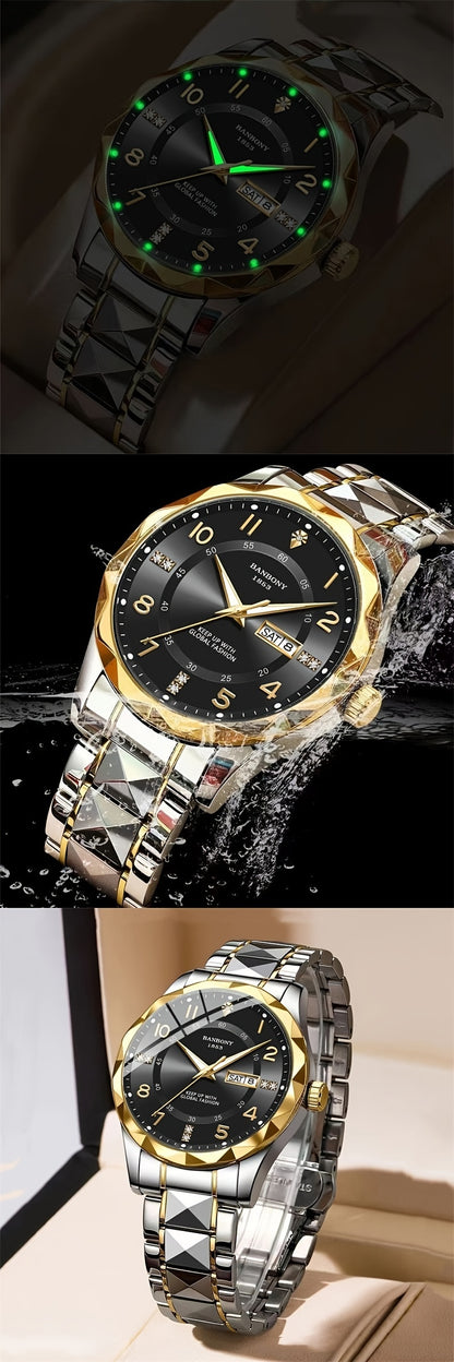 Banbony Men's Casual Stainless Steel Quartz Watch with Rhinestone Accents, Round Dial, Glow in Dark, Water-Resistant IPX7, Date Calendar Feature, Electronic Movement, Alloy Strap - Multifunctional Fashion Watch for Daily, Tra