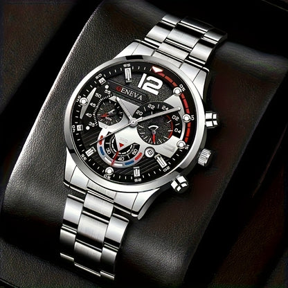 4pcs Men's Fashion Watch Set, Quartz Movement, Round Zinc Alloy Case, Faux Leather and Stainless Steel Strap, Battery Powered with Multiple Time Zones & Date Function - Perfect for Valentine's Day, Easter, Ramadan, Birthday,