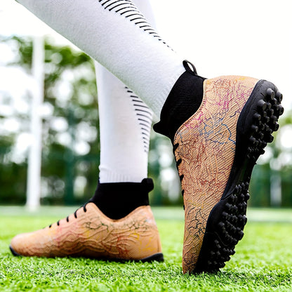 Men's Trendy Color Intrigue Striped TF Football Shoes With Collar, Professional Non Slip Durable Soccer Shoes For Outdoor Training Competition, All Seasons