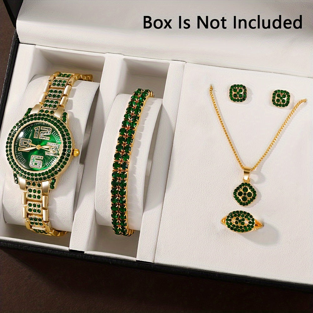 "Dazzling Digital" Luxury 6-Piece Women'S Fashion Set: Green Rhinestone Quartz Watch With Gold Band & Matching Jewelry - Perfect Gift For Her