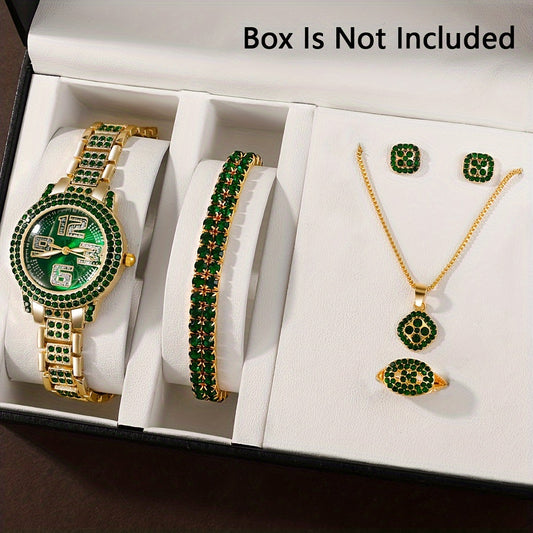 "Dazzling Digital" Luxury 6-Piece Women'S Fashion Set: Green Rhinestone Quartz Watch With Gold Band & Matching Jewelry - Perfect Gift For Her