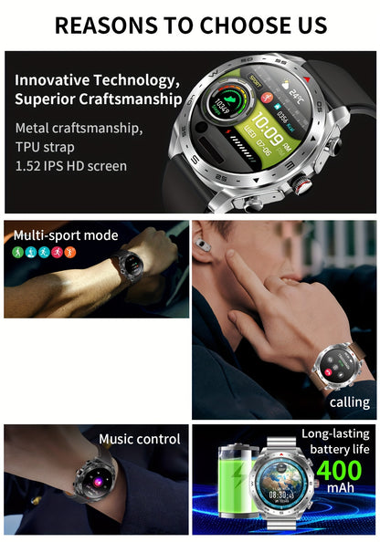 2025 New Men's 1.52-in-1 SmartWatch, Sports Device with TWS Earphones, Wireless Call, Outdoor Exercise SmartWatch, 400mAh Battery, Sleeping Men SmartWatch