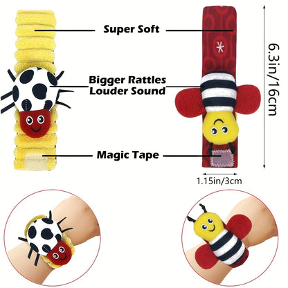 4pairs Baby Wrist Rattles Sock Toys, Newborn Baby Sock Toys 0-6 Months Foot Finder And Cartoon Cute Animal Set, Infant Rattle Socks Toy 3-6 Months, Soft Sensory Toys For 0-12 Months Toddler Newborns Boy Girl Gift