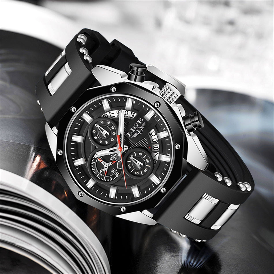 LIGE Mens Watches With Silicone Strap Sport Chronograph Quartz Watch
