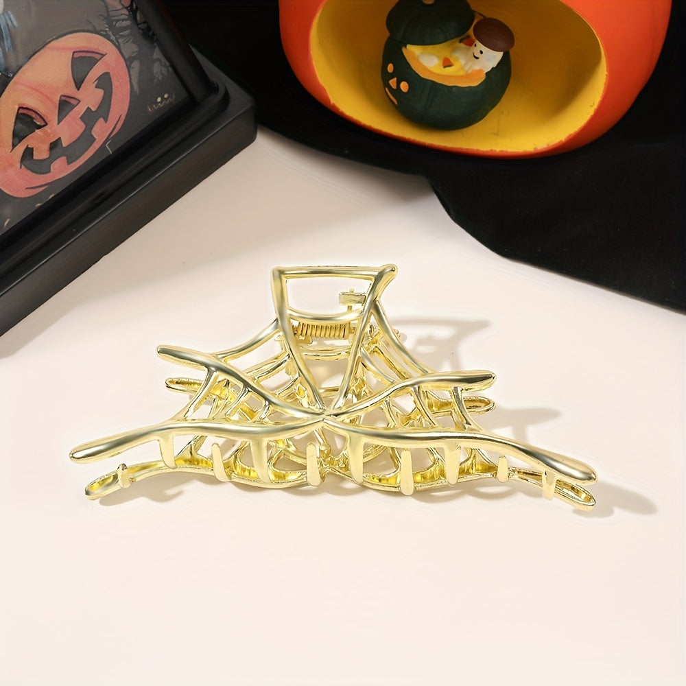 New 2024 Halloween Spider Web Hair Claw Clips For Women Jewelry Accessories Black Silvery Golden Large Metal Barrette Party Headwear