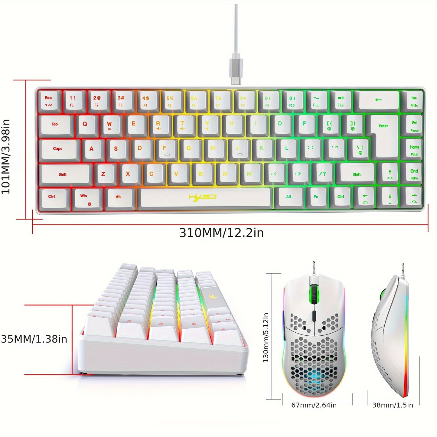 HXSJ-RGB Keyboard And Cellular Gaming Mouse, Compact 68-key Mini Wired Keyboard RGB Backlit 1000-6400 DPI Mouse, Keyboard And Mouse Gaming PS4 Xbox PC Laptop Mac