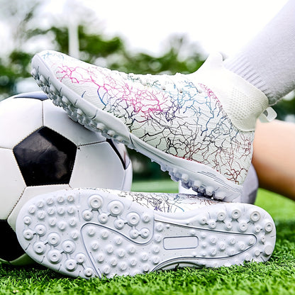 Men's Trendy Color Intrigue Striped TF Football Shoes With Collar, Professional Non Slip Durable Soccer Shoes For Outdoor Training Competition, All Seasons