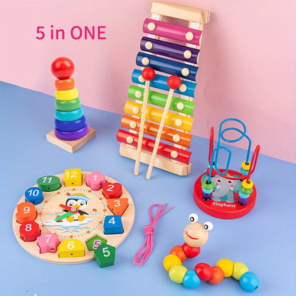 5-in-1 Montessori Nursery Wooden Eight Piano Set Gifts, Enlightenment Clock Toys, Caterpillar Shaped, Multifunctional Teaching Toys, Building Blocks Focus Exercise Toys