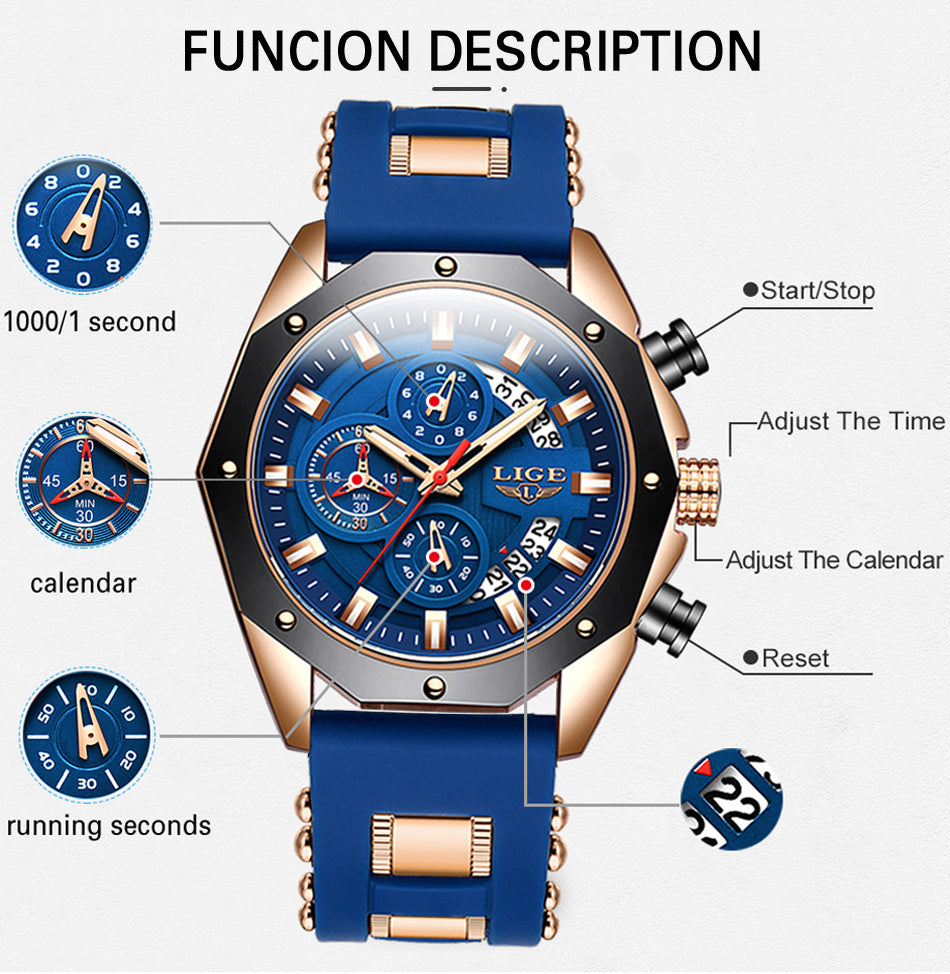 LIGE Mens Watches With Silicone Strap Sport Chronograph Quartz Watch
