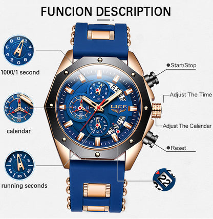LIGE Mens Watches With Silicone Strap Sport Chronograph Quartz Watch