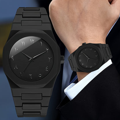 4pcs Men's Luxury Quartz Watch & Accessory Gift Set - Black Modern Polygonal Dial Analog Watch with Black Dial & White Hands, Black Strap, Matching Necklace & Ring - Battery-Powered Quartz Movement, Ideal Christmas/Birthday G