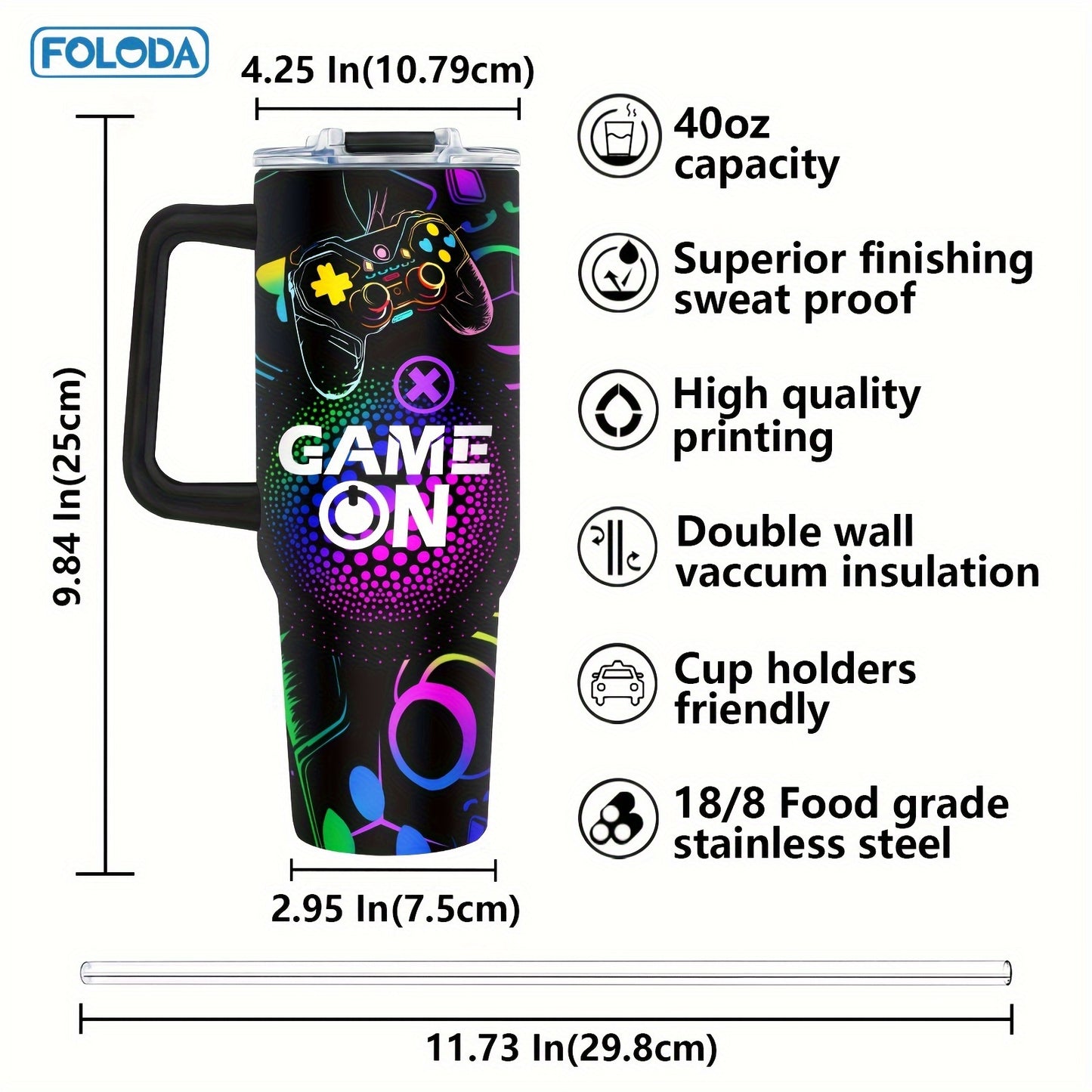 Foloda 1pc 40oz Gaming Mug Tumbler, Gamer Gifts For Men, Gifts For Gamers Men Boys, Cool Gaming Gift, Game Mug, Gifts For Game Lovers Stainless Steel Cup With Handle Lid Straw, Tumbler For Outdoor Camping Travel Accessories B