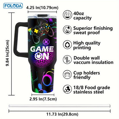 Foloda 1pc 40oz Gaming Mug Tumbler, Gamer Gifts For Men, Gifts For Gamers Men Boys, Cool Gaming Gift, Game Mug, Gifts For Game Lovers Stainless Steel Cup With Handle Lid Straw, Tumbler For Outdoor Camping Travel Accessories B