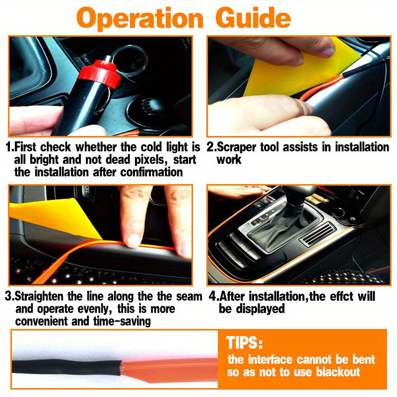 Automobile interior LED decorative lights, EL neon light strips, ambient lighting, modern car decoration, flexible LED light strips, long-lasting illumination, LED mood lighting, for night drivers, a must-have for car owners.