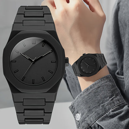 4pcs Men's Luxury Quartz Watch & Accessory Gift Set - Black Modern Polygonal Dial Analog Watch with Black Dial & White Hands, Black Strap, Matching Necklace & Ring - Battery-Powered Quartz Movement, Ideal Christmas/Birthday G