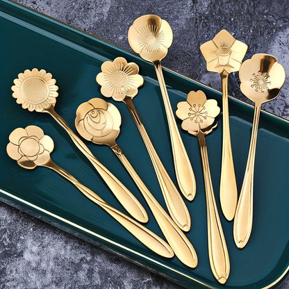 8pcs Flower Spoon Set Small Teaspoon Coffee Spoon Cute Ice Cream Dessert Honey Spoon Stainless Steel Kitchen Props