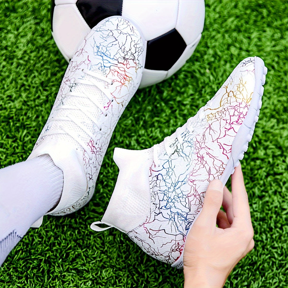 Men's Trendy Color Intrigue Striped TF Football Shoes With Collar, Professional Non Slip Durable Soccer Shoes For Outdoor Training Competition, All Seasons